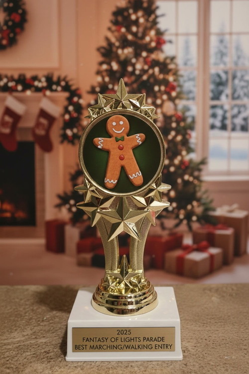 Close up of a trophy for 2025 Fantasy of Lights Parade - Best Marching/Walking Entry