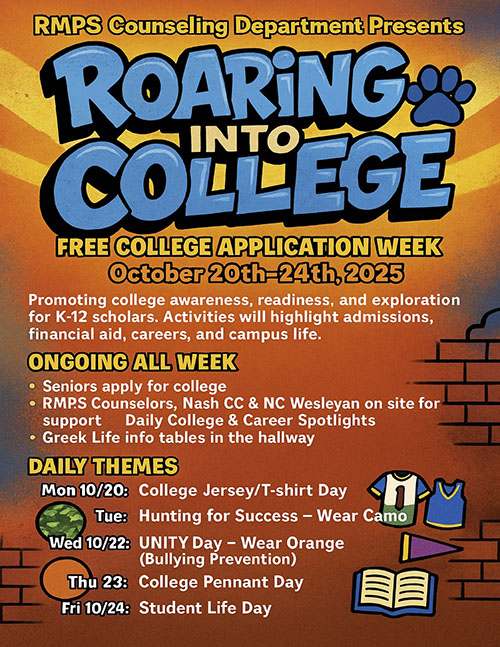 RMPS Counseling Department Presents Roaring into College flyer