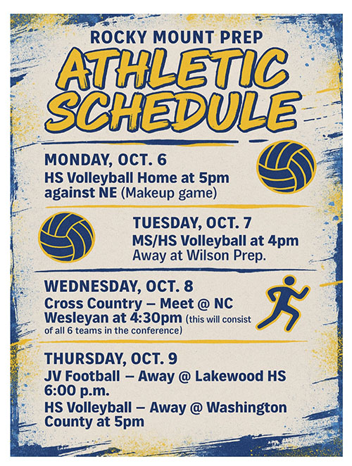 Rocky Mount Prep Athletic Schedule - Monday, Oct. 6 flyer
