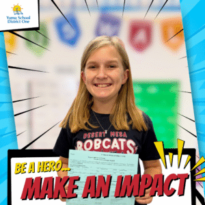 Student holding blue form, make an impact.