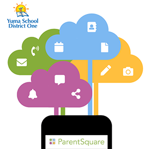 Clip art of the top of a cell phone that says ParentSquare with different colored cloud bubbles with icons on them