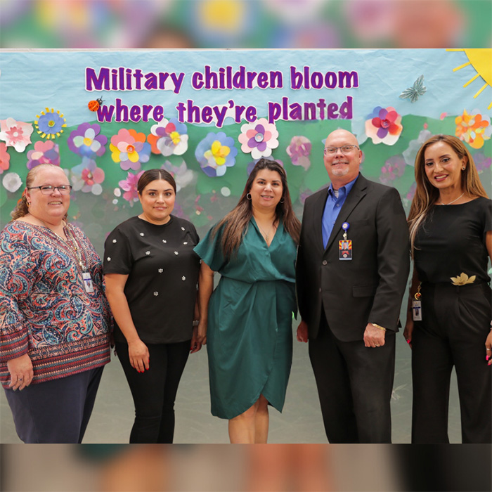 graphic_MilitaryFamilies_StudentAmbassadors Five happy adults under a Military children bloom where they're planted mural