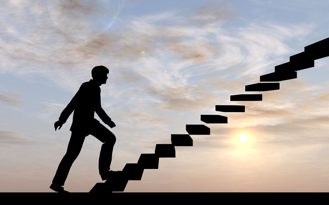 Concept conceptual 3D male businessman on stair or steps over sunset sky background